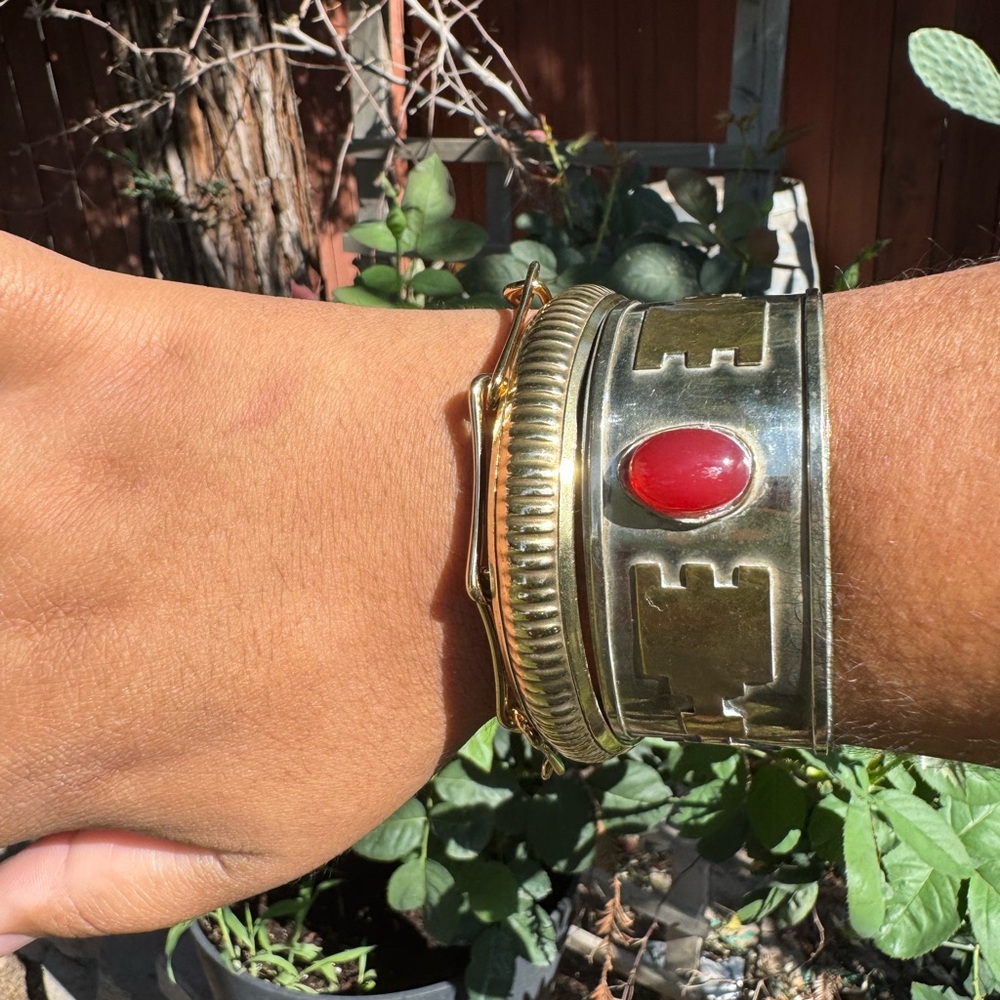 Gold Cuff Bracelet with Red Stone